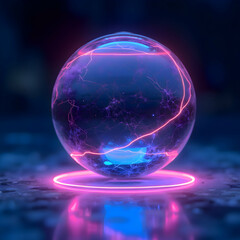 Futuristic Neon Sphere
A metallic transparent sphere with neon blue, pink, and purple light, surrounded by energy currents.