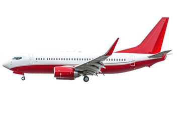 Obraz premium Red and White Airplane Soaring: A vibrant, isolated vector graphic of a sleek red and white airplane in flight, perfect for travel, aviation, and transportation designs. Ideal for websites, brochures,