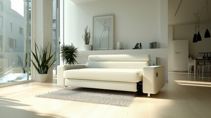 Bright and spacious living room interior featuring a modern white convertible sofa bed, plants, and elegant decor in a minimalist design, flooded with natural light.