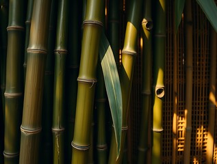 Green Bamboo Forest with Sunlight Filtering Through the Stalks