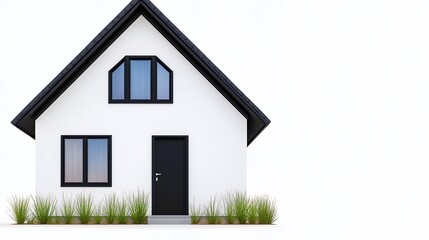 Modern Minimalist House with Black Windows and Door Surrounded by Greenery in Bright Environment