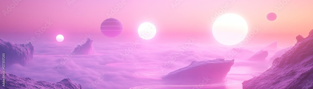 Poster dreamy landscape of a distant planet with multiple suns