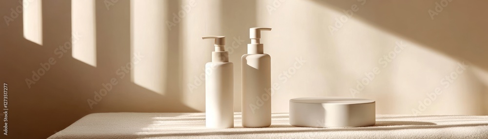 Poster minimalist beige bottles displayed on soft fabric