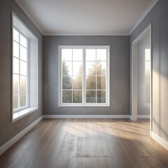 Empty Room with Large Windows and Wooden Floor