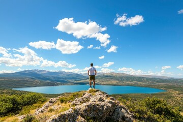 Obraz premium Man at Summit Admiring Lake Vista Under Blue Sky. Contemplative Outdoor Leisure