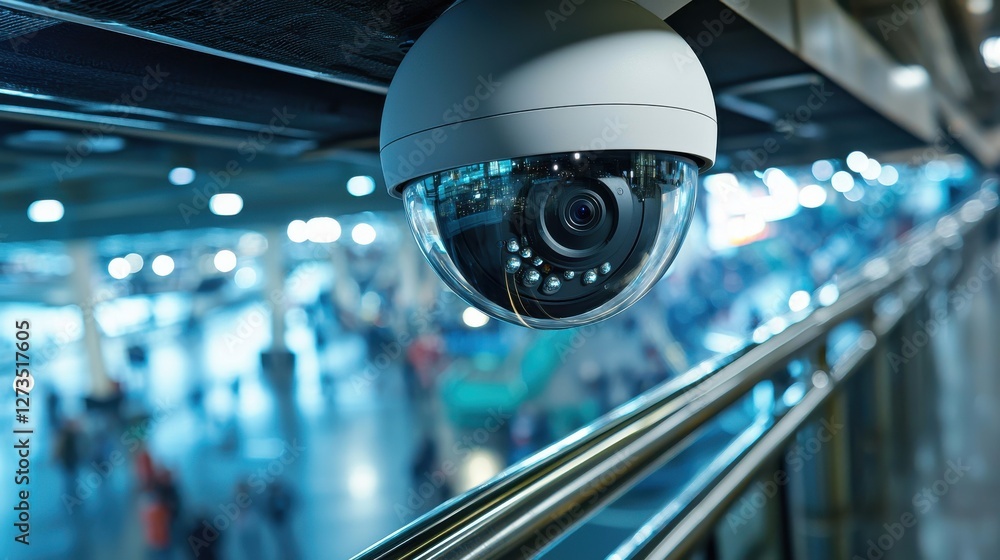 Poster a dome security camera monitors people at a busy metro station to ensure a safe and secure environme