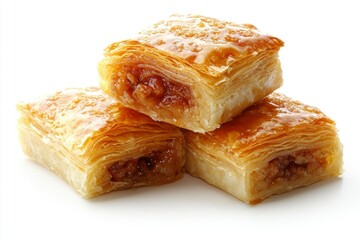 Stack of three baklava pastries, against white background, use for pastry recipe