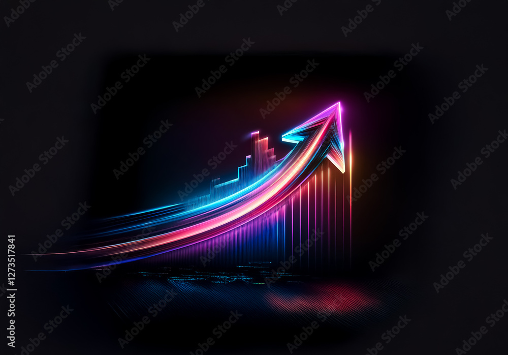 Leinwandbilder Shenzhen, China - Unknown Date : Bright neon arrow swiftly ascends against a dark backdrop, embodying growth, progress, and a positive trajectory with illuminated lines and dynamic motion.