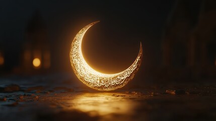 Illuminated Crescent Moon Adorned With Arabic Calligraphy