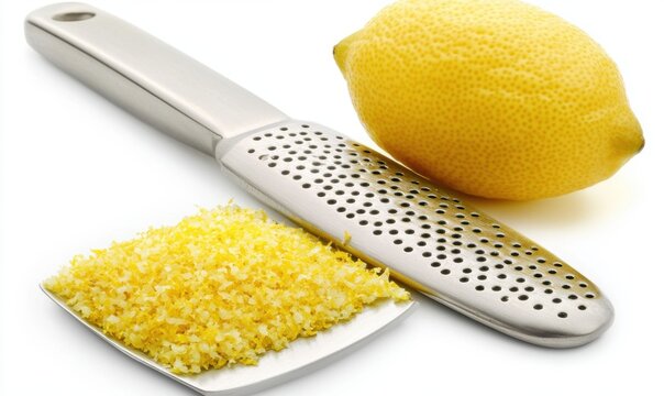 Close-up of a stainless steel zester with lemon zest and a fresh lemon on a white background