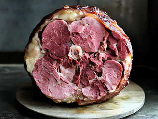 Cut honey-glazed ham roast on a wooden board showcasing the meat's interior texture.