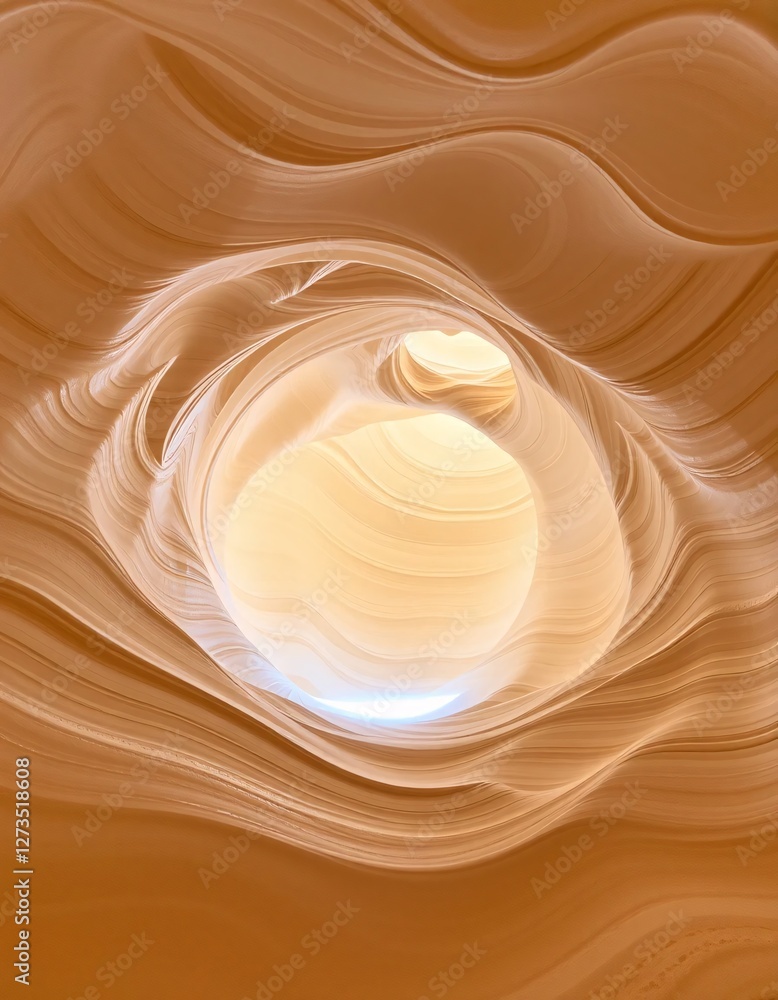 Poster abstract flowing forms. warm earthy tones with cream and orange hues. luminous light emanates from a