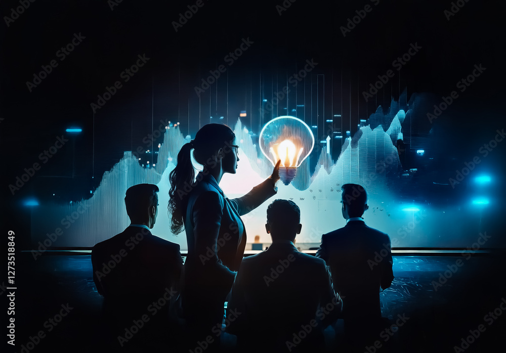 Poster shenzhen, china - unknown date : business team in a dark setting, a woman presents an innovative ide