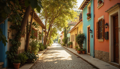 Obraz premium Charming cobblestone street with colorful houses and lush greenery in warm sunlight