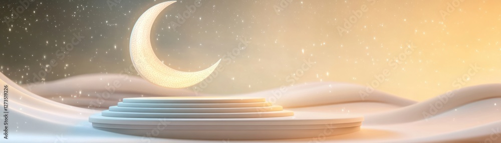 Poster crescent moon above circular platform under starry sky