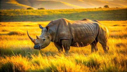 Obraz premium A majestic rhino grazes in the African savanna, captured in stunning high-definition detail, showcasing the beauty of a wild safari.