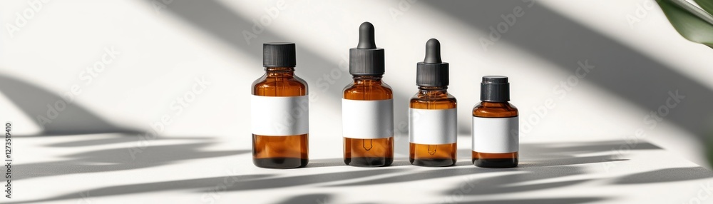 Poster amber bottles with blank labels displayed in sunlight