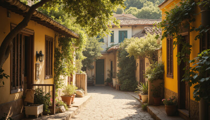 Fototapeta premium Charming cobblestone street with colorful houses and lush greenery in warm sunlight
