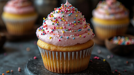 A delightful, close-up shot of a cupcake features pink frosting and colorful sprinkles.