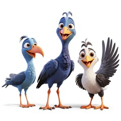 Three Cute Cartoon Birds Posing Together