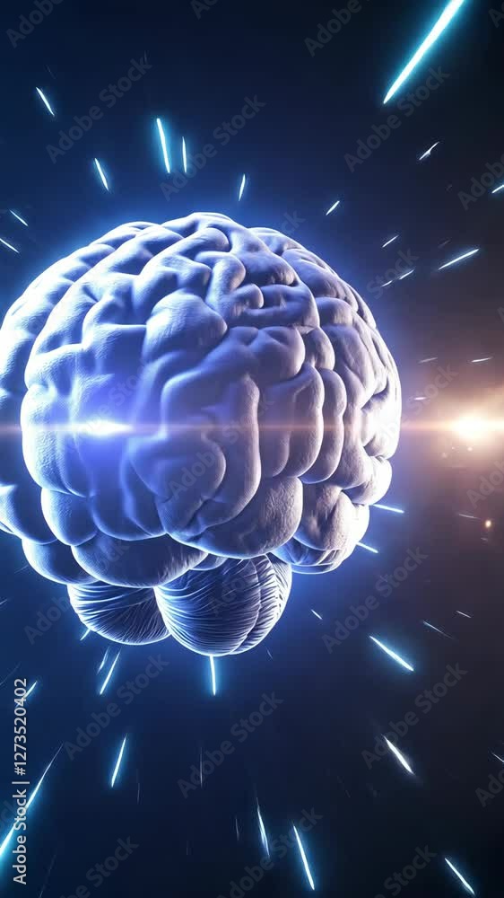Poster brightly illuminated brain surrounded by glowing light rays and particles in a dark setting
