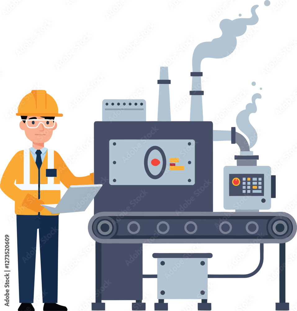 Poster worker operating machine with control panel in flat vector art