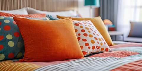 Velvety orange pillow in close-up, resting elegantly on a bed. Its soft curves face right, inviting cozy warmth into the frame. A touch of vibrant color adds charm to the tranquil bedroom setting