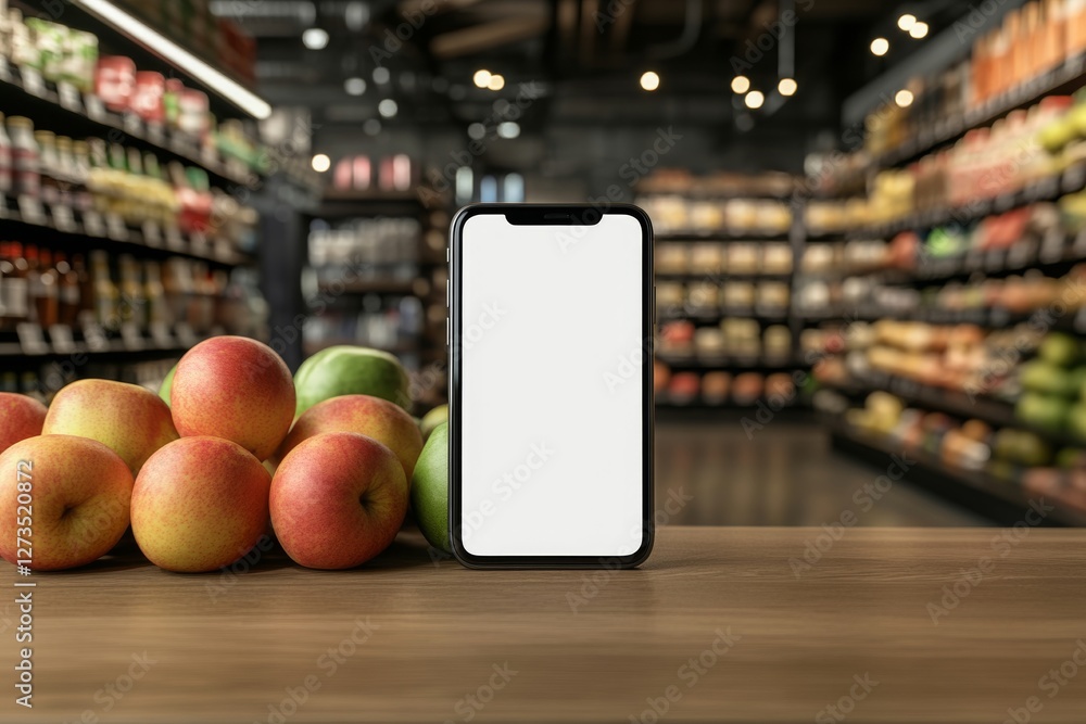 Poster a mock-up smartphone with a blank screen positioned in a supermarket