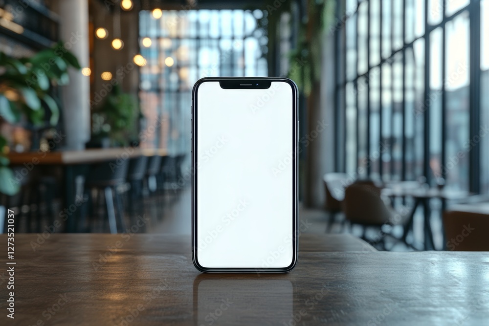 Poster a blank screen smartphone set up on a table in a restaurant for a mock-up display