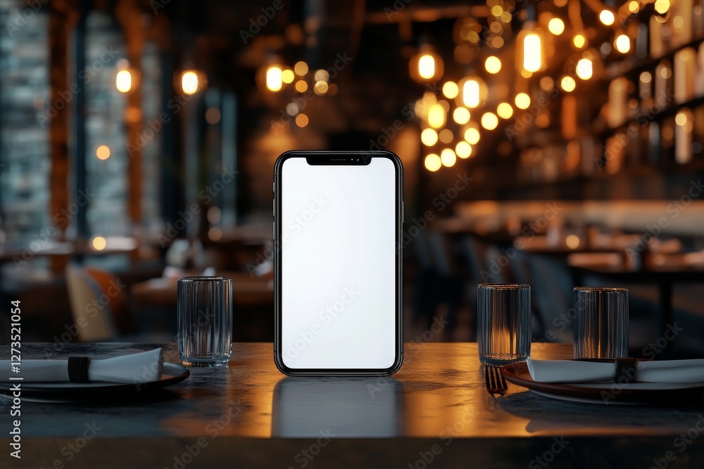Poster a smartphone displaying a blank screen, positioned on a table in a restaurant for a mock-up