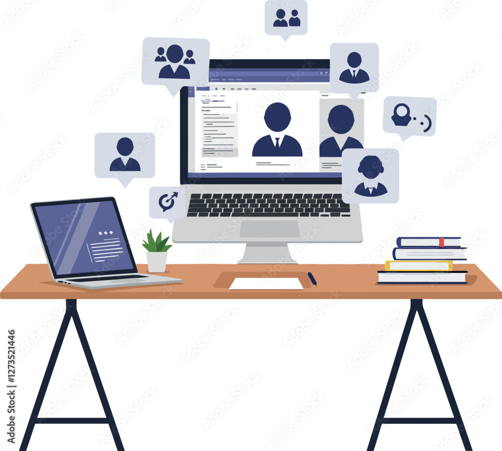 Poster desk setup with computer, laptop, and networking icons in flat vector art