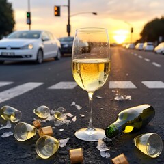 Wine Glass and Broken Bottle on Road at Sunset