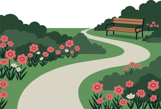 Serene park scene with flowers and bench in flat vector art