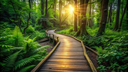 Obraz premium A tranquil forest trail, a scenic walkway, winding wooden paths through lush green nature.
