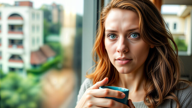 Woman enjoying coffee at a window: time for contemplation