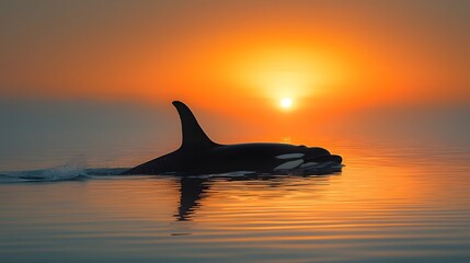 Fototapeta premium Mesmerizing silhouette of a killer whale against a calm serene ocean backdrop with soft ethereal lighting creating a minimalist abstract and captivating visual