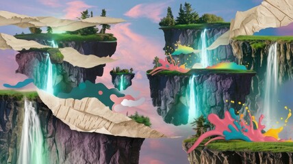 Surreal Collage of Floating Islands with Waterfalls and Colorful Splashes