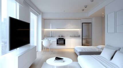 Modern Minimalist Studio Apartment Design: White Interior with Integrated Kitchen and Sleeping Area