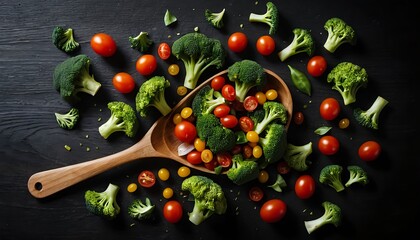 Fresh Broccoli and Cherry Tomatoes on Wooden Spoon