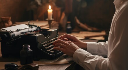 Person typing on vintage typewriter by candlelight