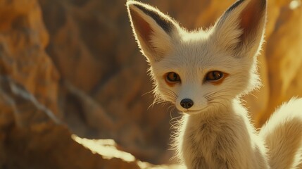 Obraz premium Adorable Fennec Fox On Blurred Desert Background. Captivating Wildlife, Beautiful Animal.
