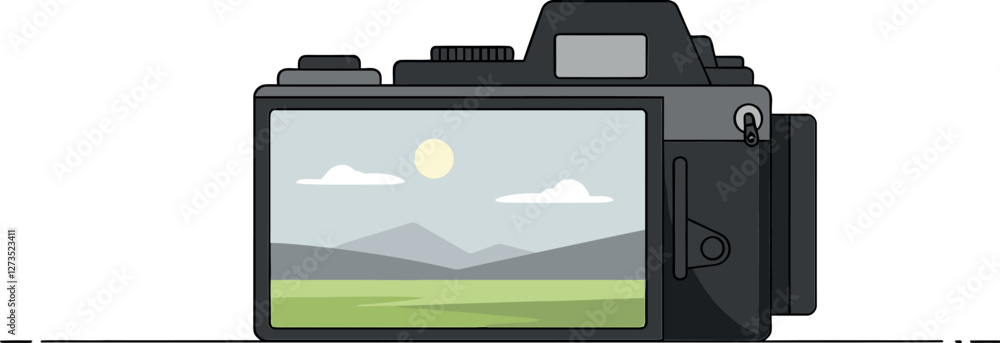 Poster camera displaying beautiful landscape scene in flat vector art