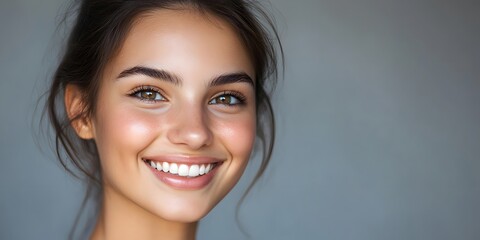 Naklejka premium Portrait of a Happy Young Woman Smiling with Charm and Joy in Natural Light Against a Soft Background