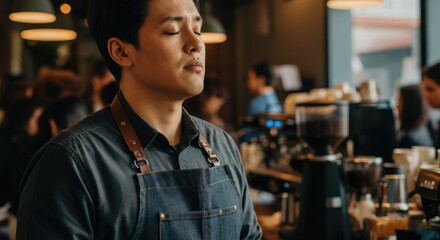 Fototapeta premium Male barista relaxed in coffee shop, enjoying peaceful moment