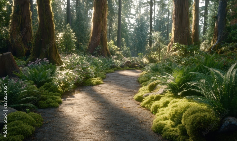 Poster serene forest path winding through lush greenery with sunlight filtering through tall trees
