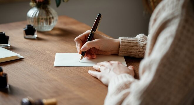 Woman writing letter at wooden desk