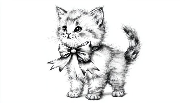 Adorable Kitten with Bow Illustration