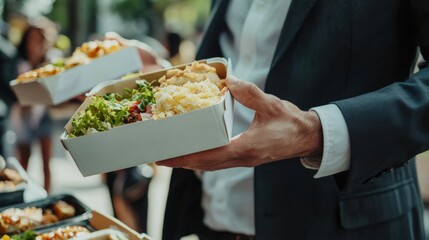Business people eating from lunch boxes outdoors 