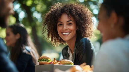Business people eating from lunch boxes outdoors 