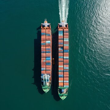 Aerial View of Two Container Ships Sailing in Parallel